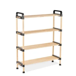 Range chaussures 4 niveaux bois beige et plastique noir - 64x20xH76cm