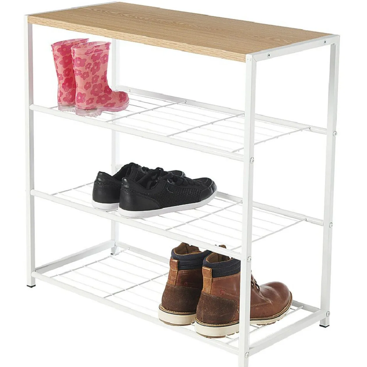 Range chaussures 3 étagères et 1 tablette blanc et naturel