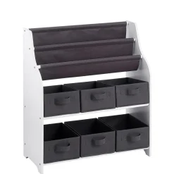 Rangement 2en1 gris et blanc bibliothèque et panière x6