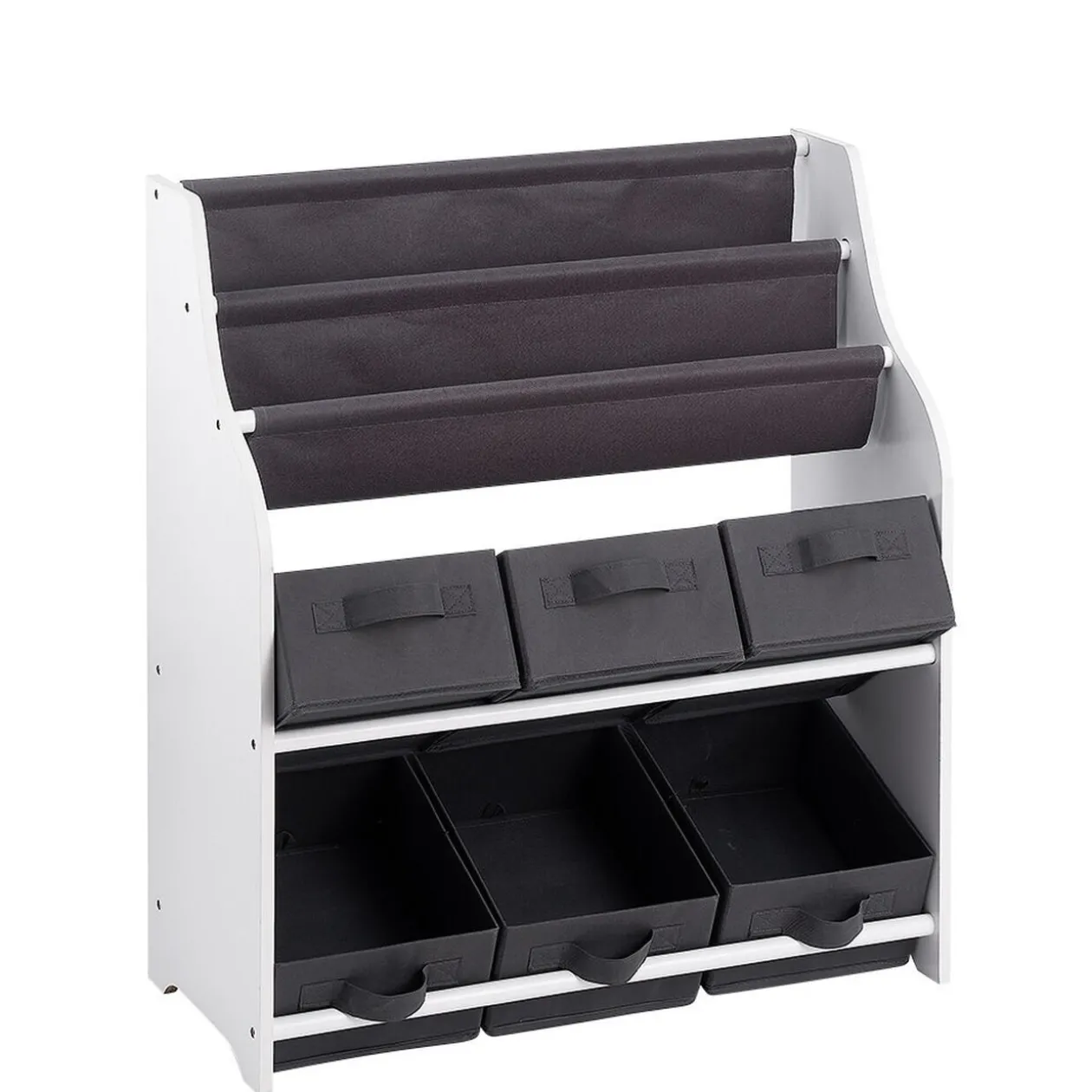 Rangement 2en1 gris et blanc bibliothèque et panière x6