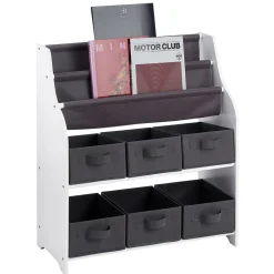 Rangement 2en1 gris et blanc bibliothèque et panière x6