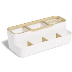 Rangement salle de bain bambou et plastique blanc