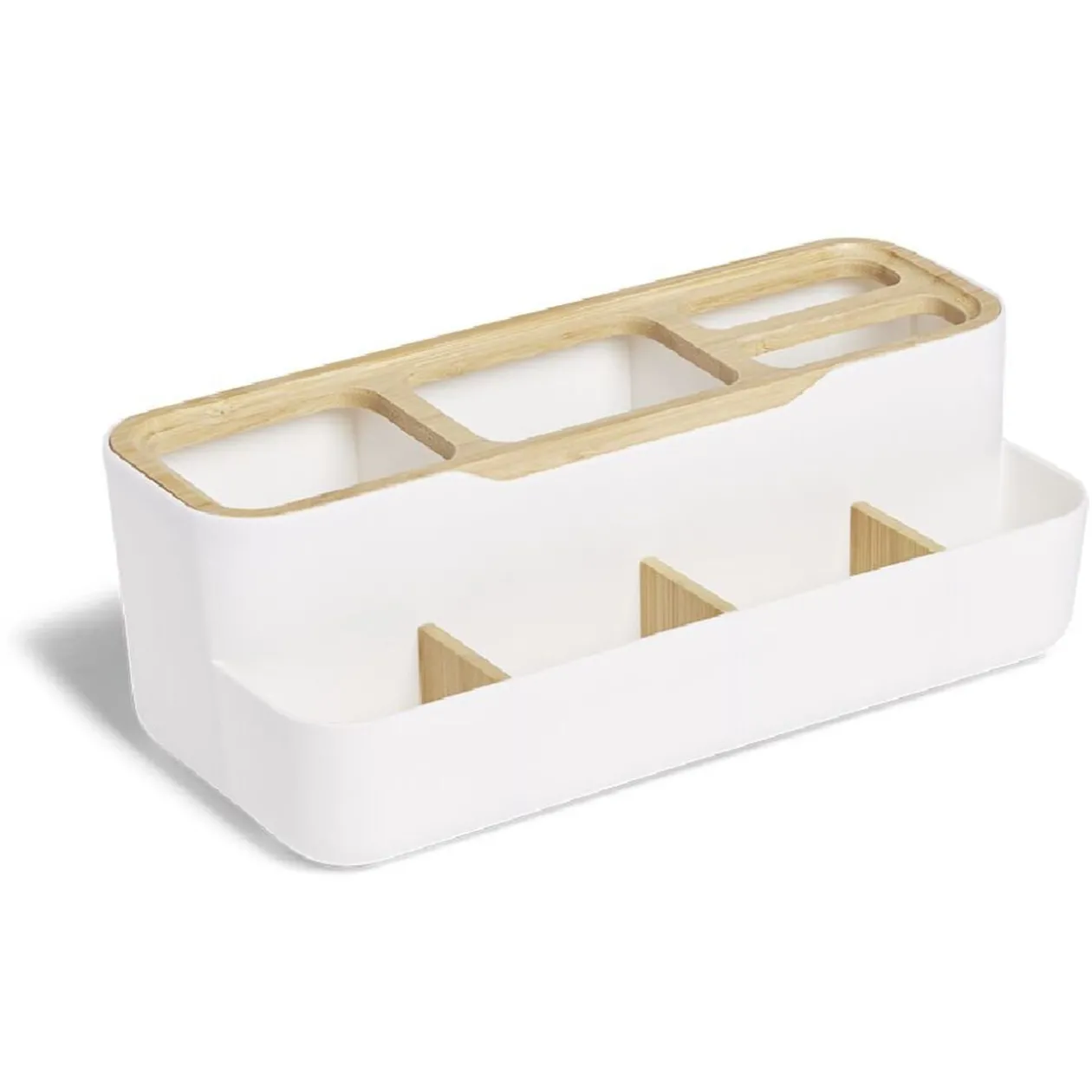 Rangement salle de bain bambou et plastique blanc