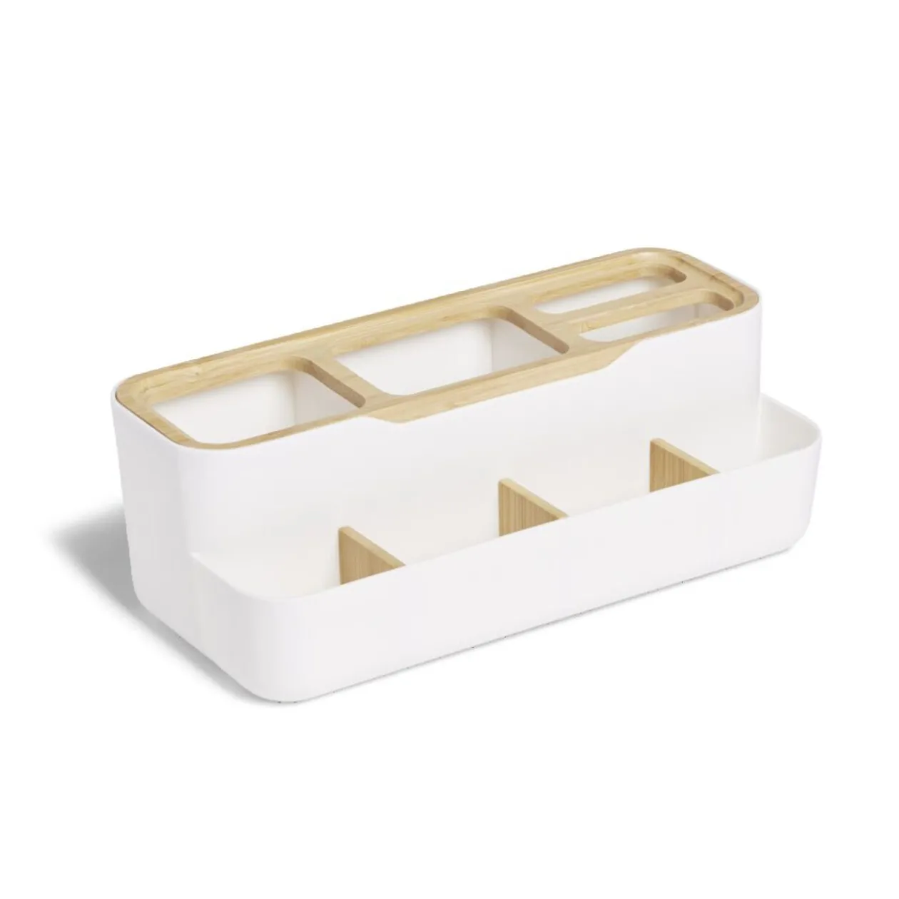 Rangement salle de bain bambou et plastique blanc