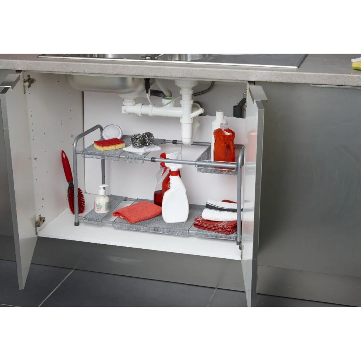 Rangement sous évier extensible argenté