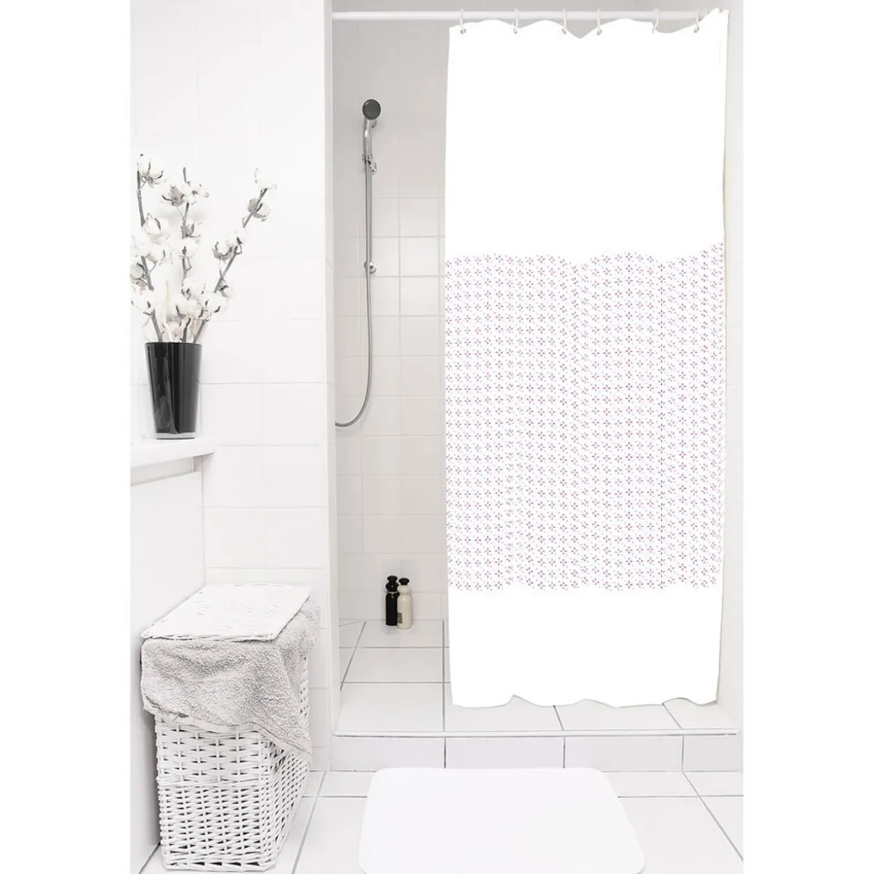 Rideau de douche blanc motifs fleurs sans anneaux