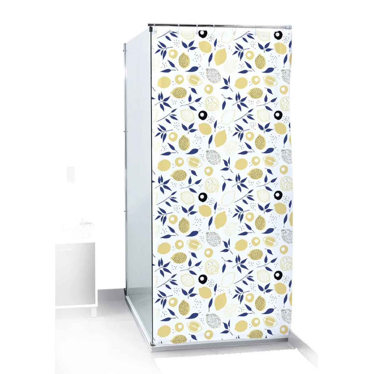 Rideau de douche motif citron jaune et bleu Sunflow 180xH200cm