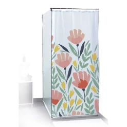 Rideau de douche motif floral et feuillage bleu vert rouge 180x200cm