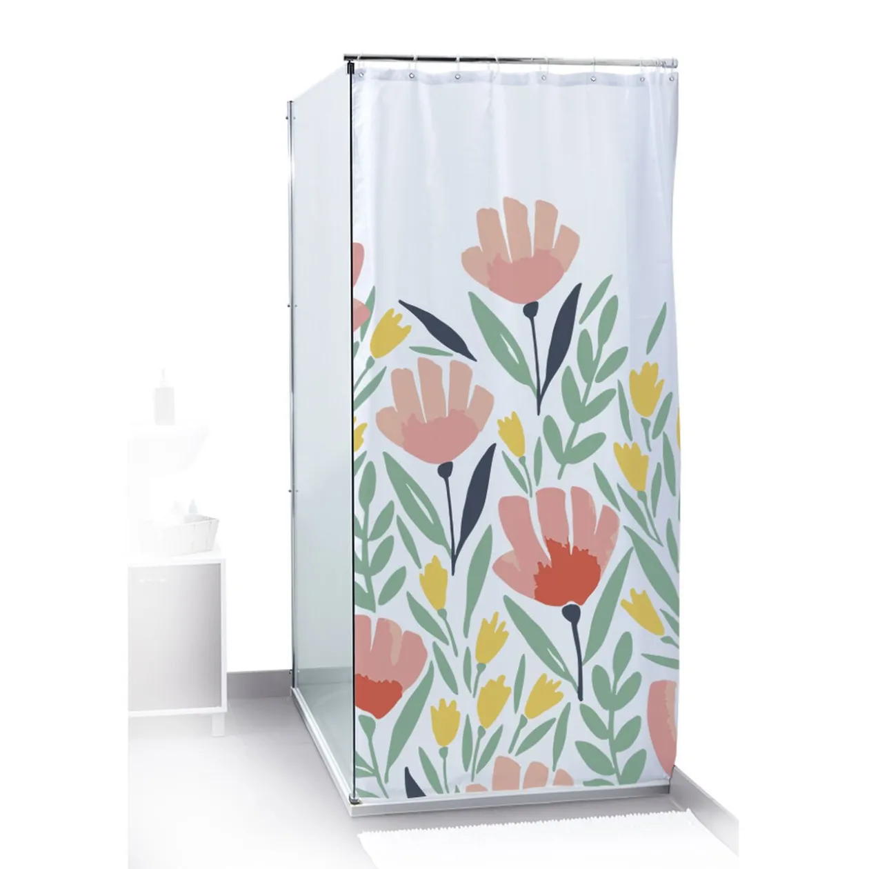 Rideau de douche motif floral et feuillage bleu vert rouge 180x200cm