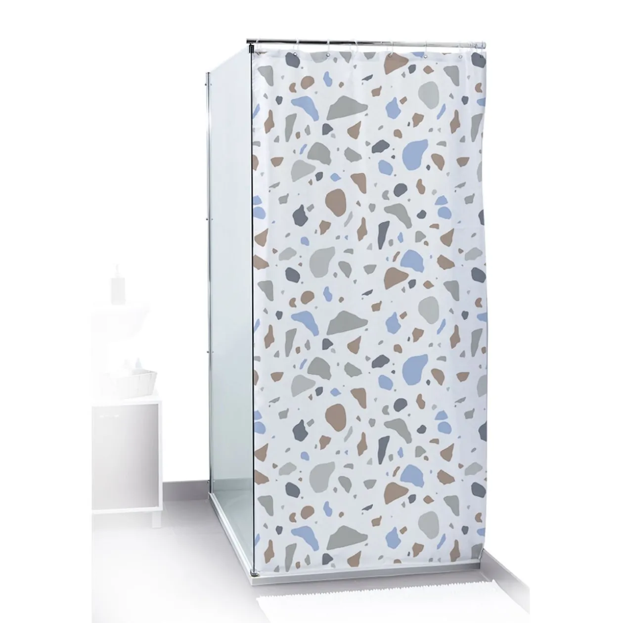 Rideau de douche motif mosaïque style terrazzo blanc et bleu 180x200cm