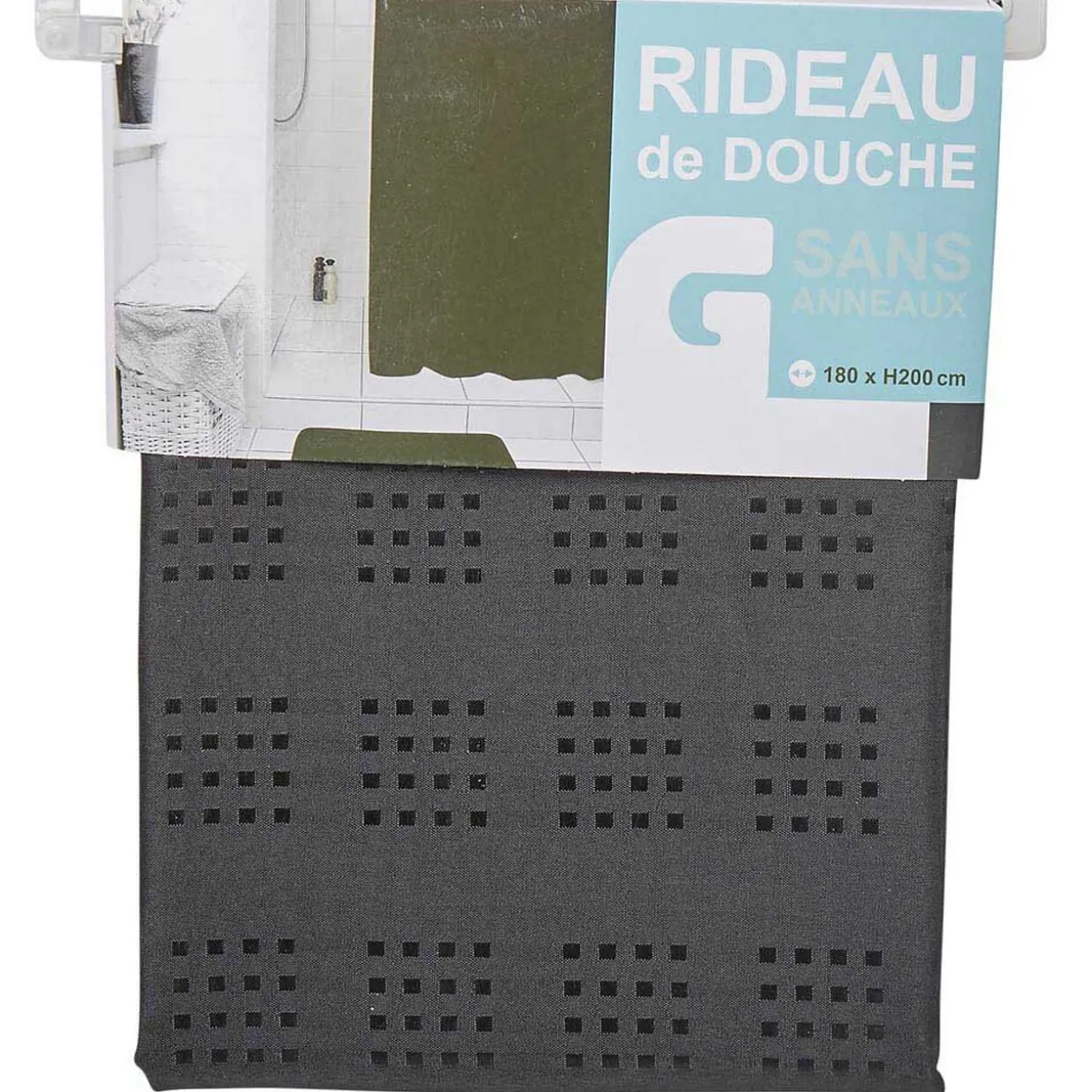 Rideau de douche noir motifs carrés sans anneaux