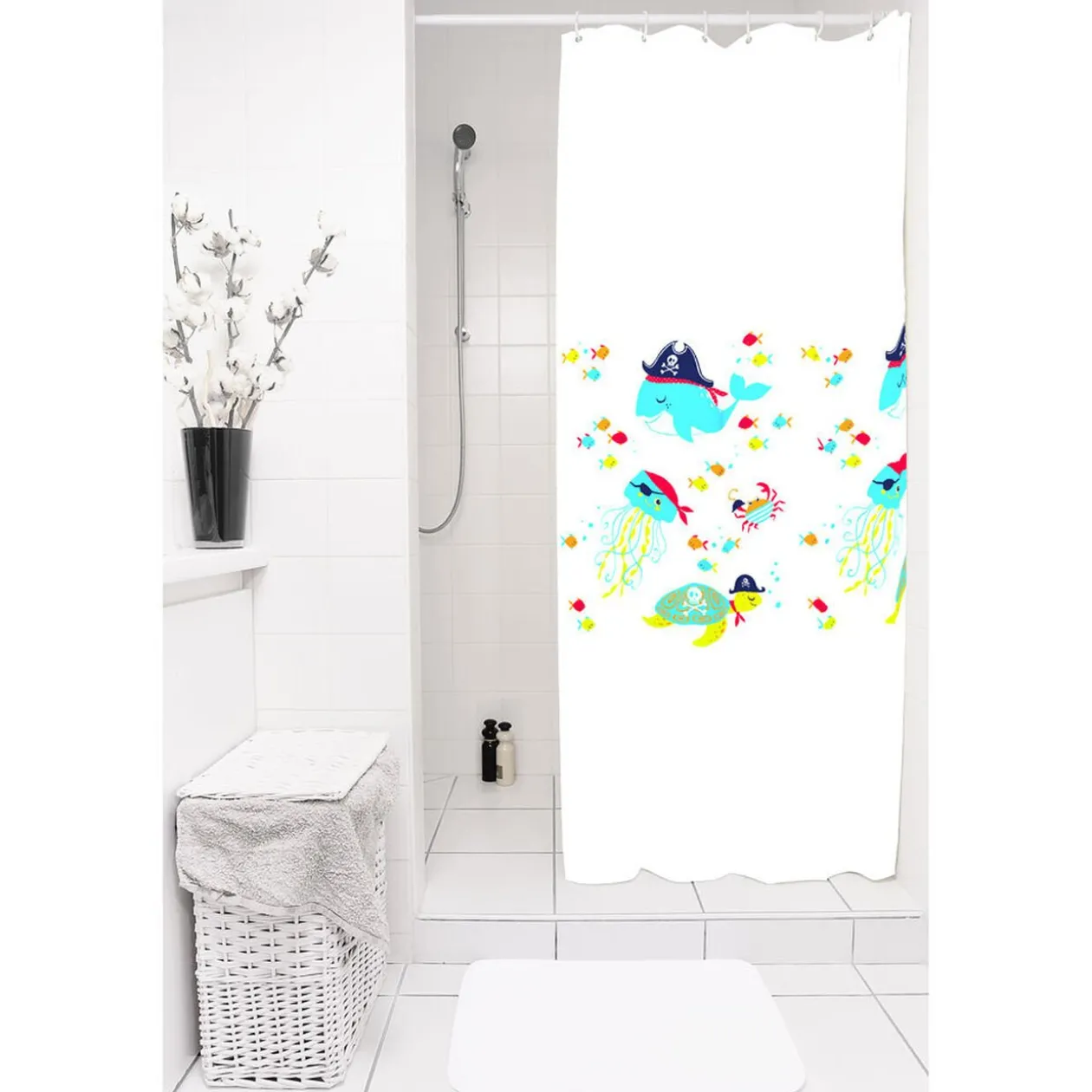 Rideau de douche sans anneaux blanc design humour