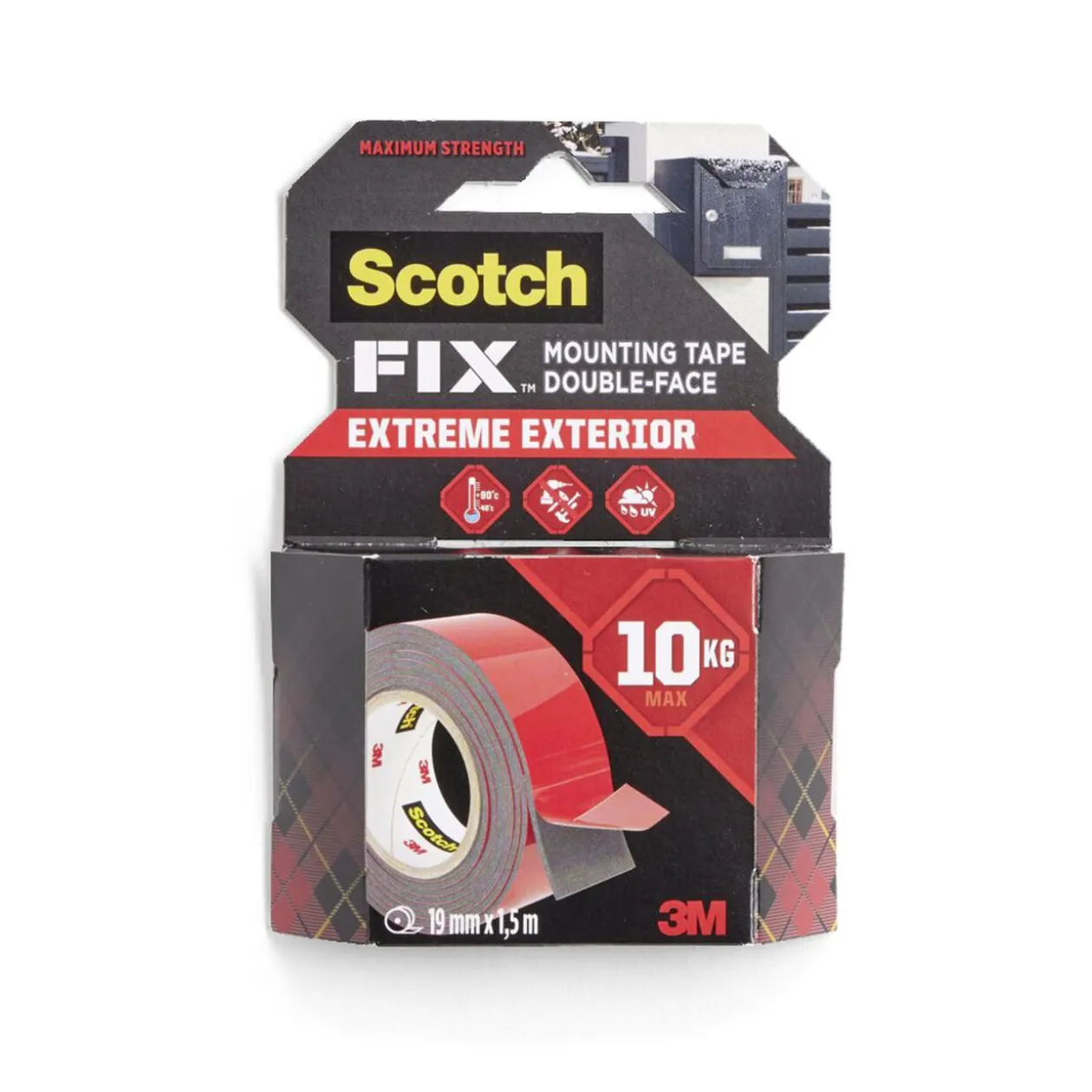 Scotch adhésif double face fixation extrême extérieur charge 10kg 19mm 1,5m