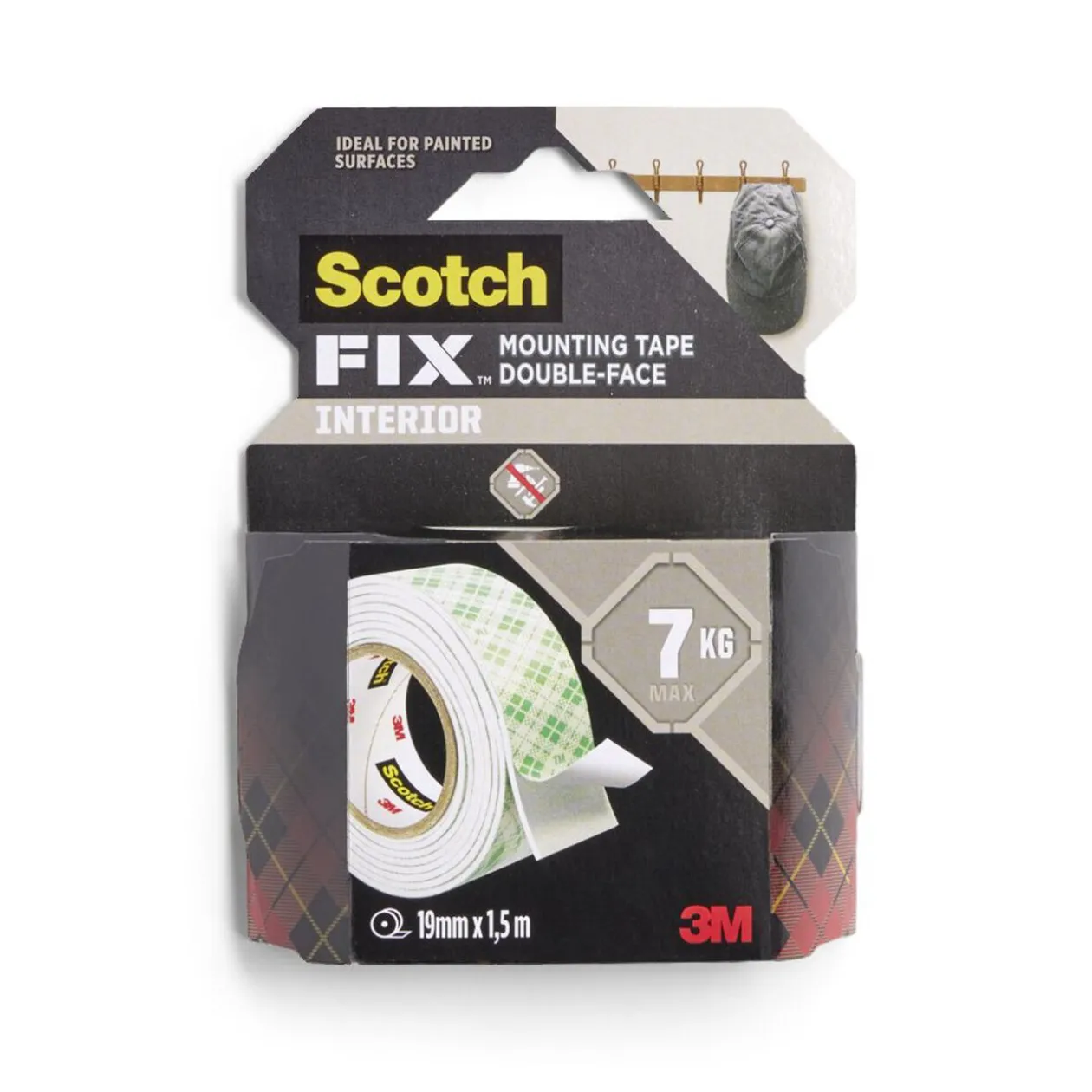 Scotch adhésif double face intérieur charge 7kg 19mm 1,5m