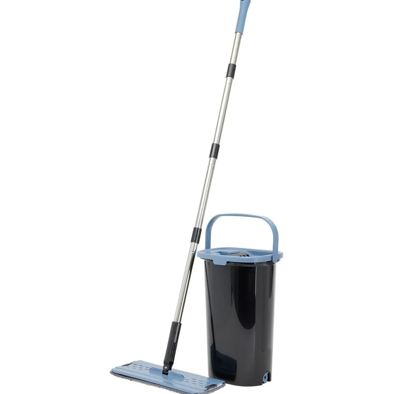 Seau essoreur + balai plat noir et bleu 8L