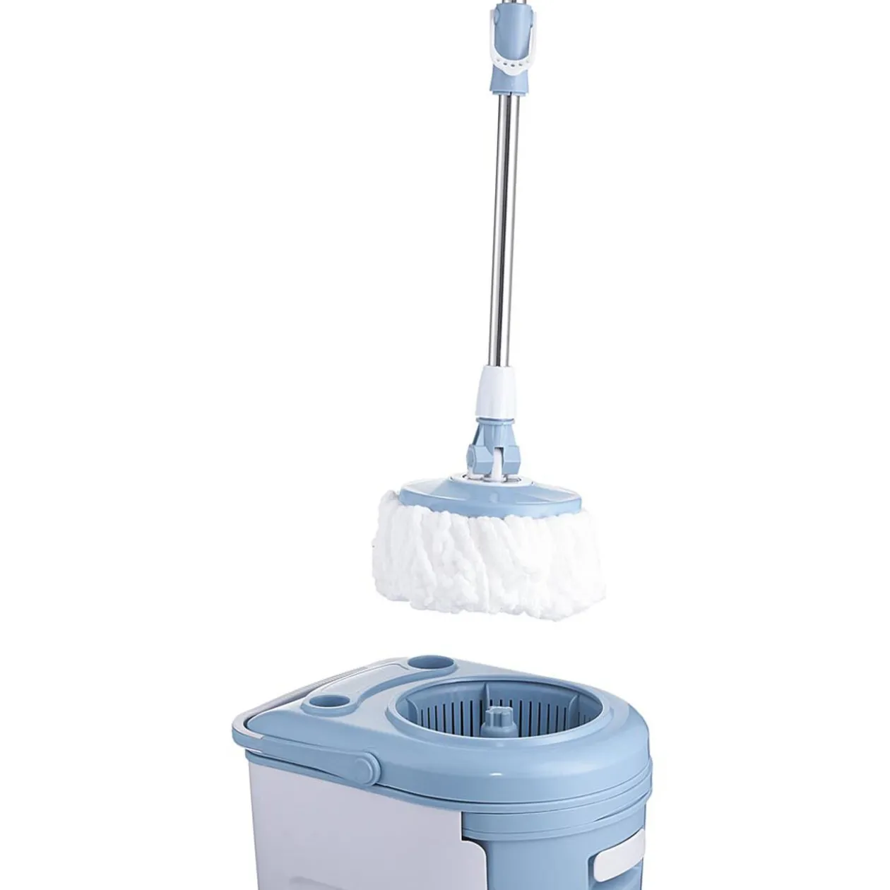 Seau essoreur rétractable avec balai bleu gris et blanc