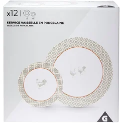 Service à vaisselle design campagne poule 12 pièces gris blanc rouge