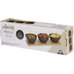Service apéritif 3 bols en porcelaine et 1 planche en bambou