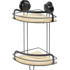 Serviteur de douche d'angle 2 niveaux bambou et métal noir