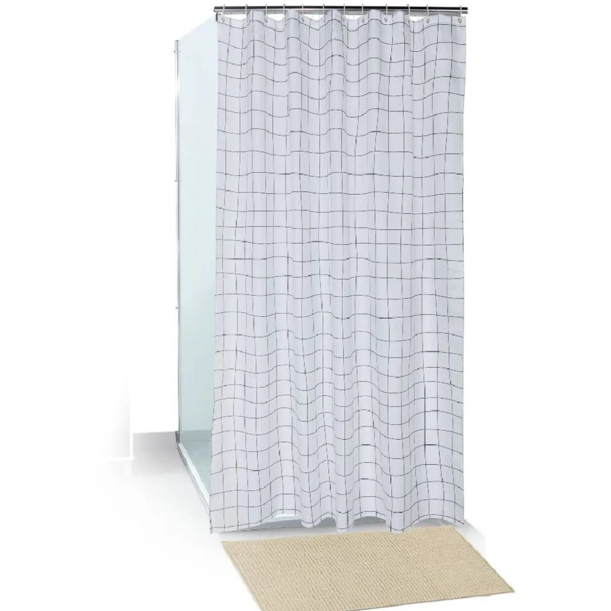Set salle de bain tapis/rideau/anneaux - 2 modèles