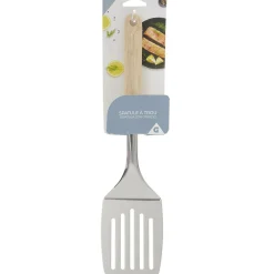 Spatule ajourée en inox avec manche en bois
