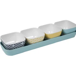 Support à apéritifs avec 4 coupelles déco jaune bleu