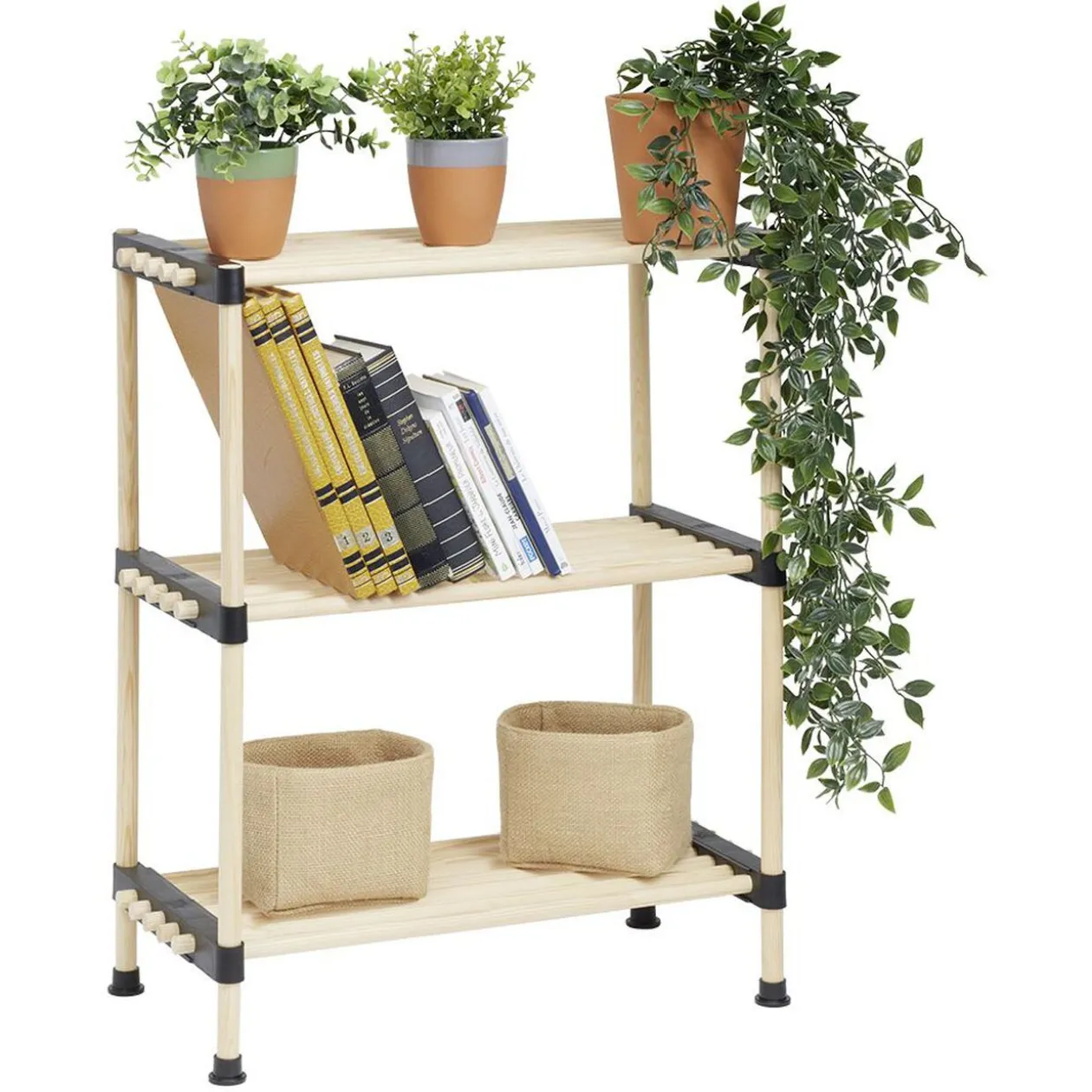 Étagere 3 niveaux bois beige et plastique noir - 40x28xH74,5cm