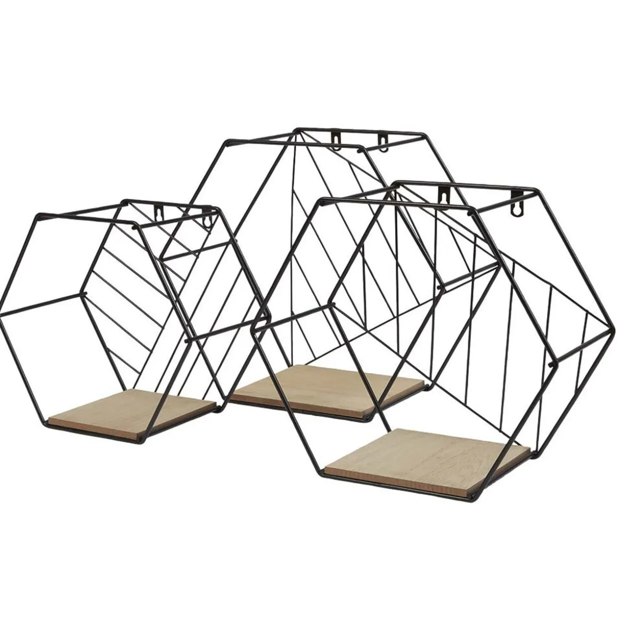 Étagère courbe géométrique ajourée métal noir et bois x3