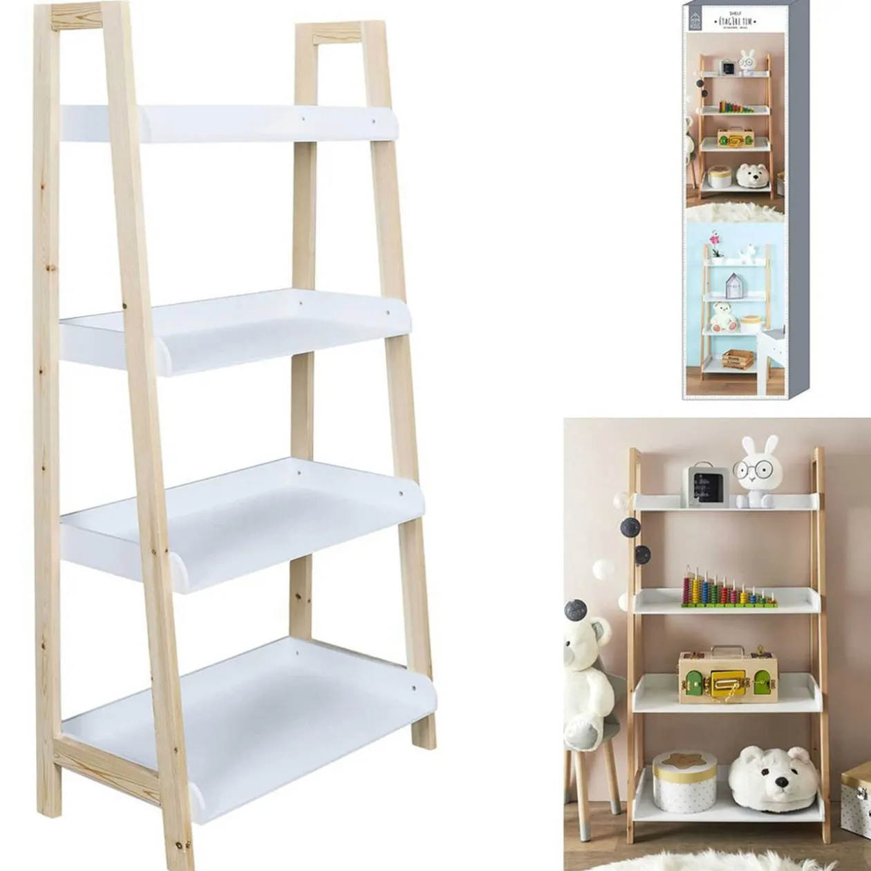 Étagère Tim 4 niveaux bois blanc et naturel 60x60xH117cm