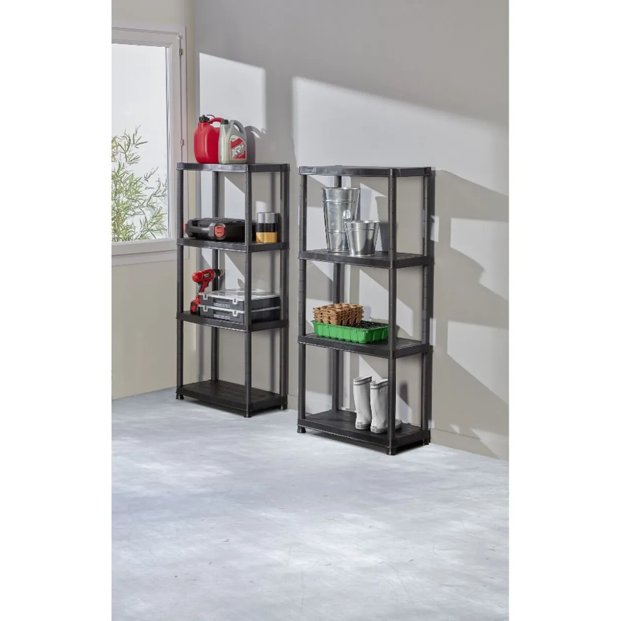 Étagères noires en plastique 4 niveaux x2