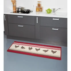Tapis de cuisine design poule rouge taupe
