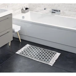 Tapis salle de bain à franges tissage motif zig zag beige et noir