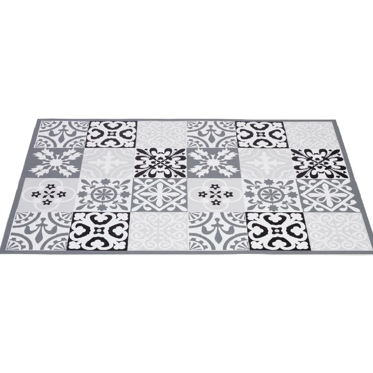 Tapis vinyle imprimé carreau de ciment noir gris L. 70 cm