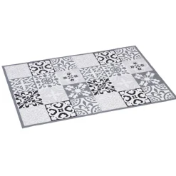 Tapis vinyle imprimé carreau de ciment noir gris L. 70 cm