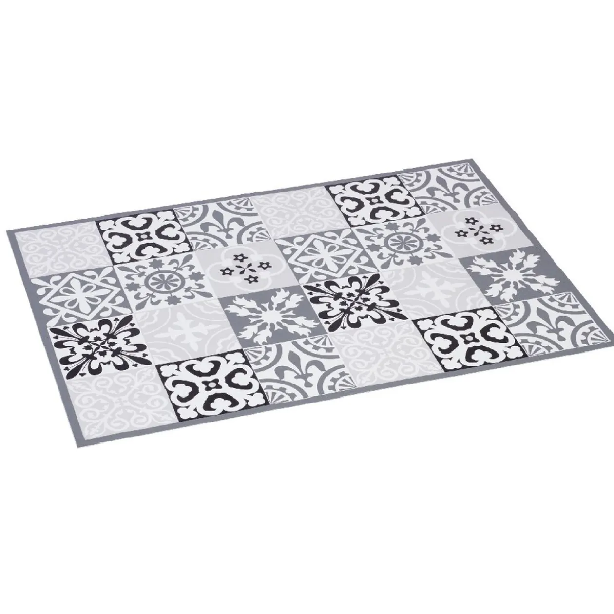 Tapis vinyle imprimé carreau de ciment noir gris L. 70 cm