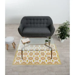 Tapis vinyle motif carreau de ciment jaune et blanc 97x147cm
