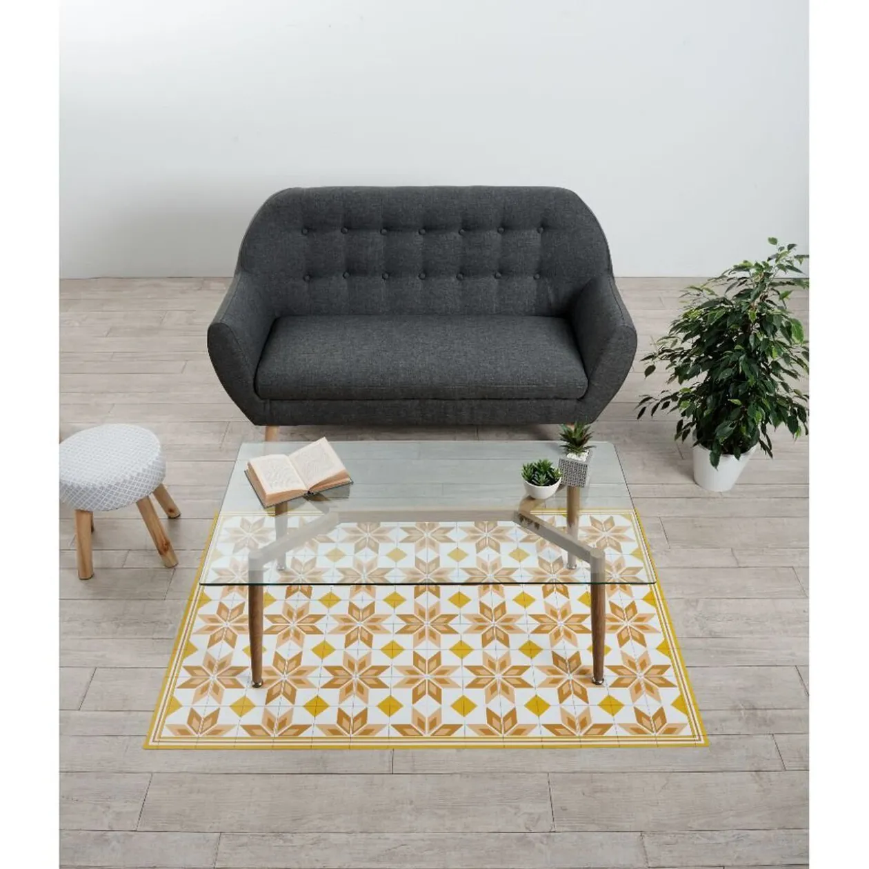 Tapis vinyle motif carreau de ciment jaune et blanc 97x147cm