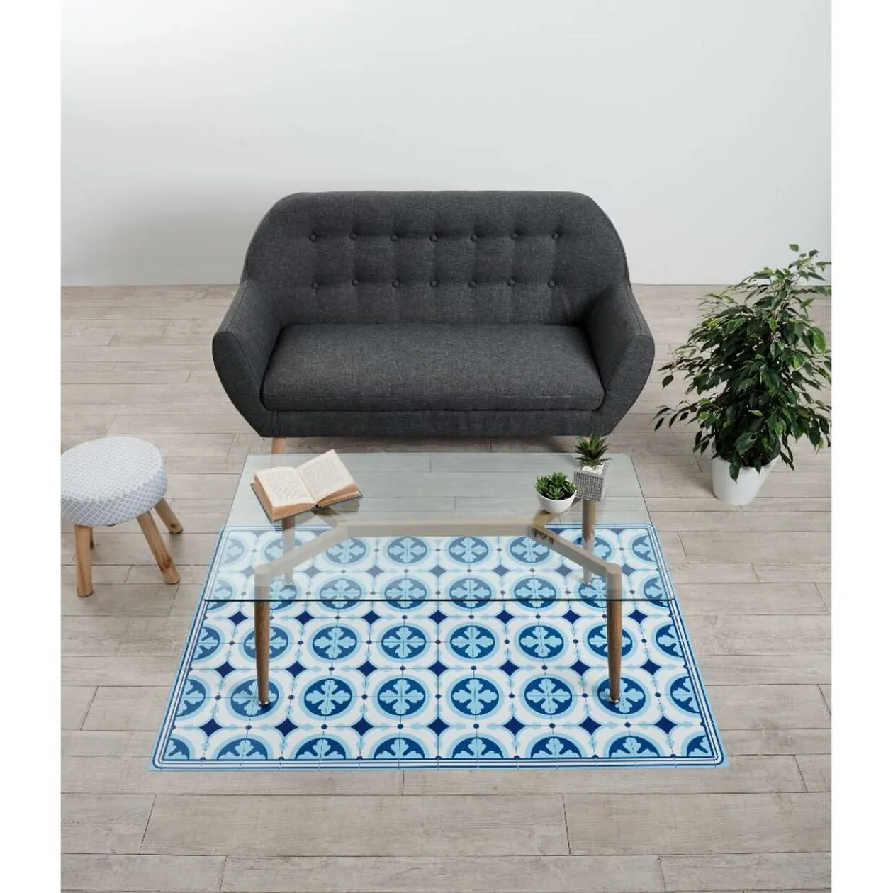 Tapis vinyle motif carreau de ciment bleu et blanc 97x147cm