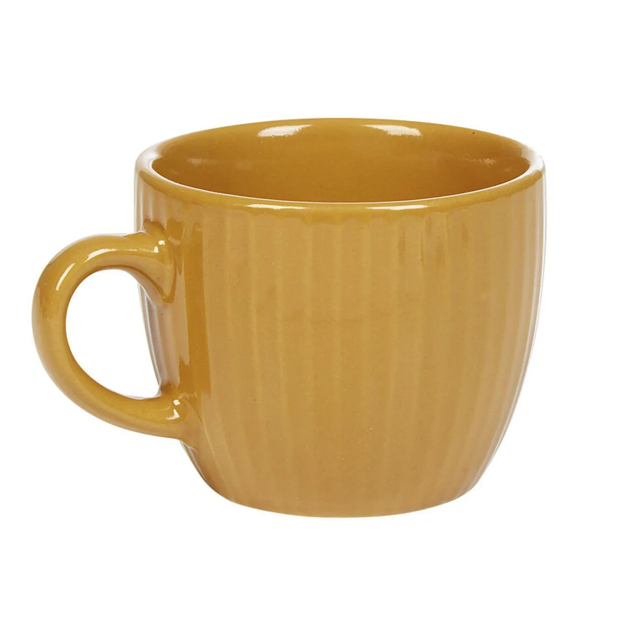 Tasse à expresso faïence jaune moutarde et rainures verticales relief
