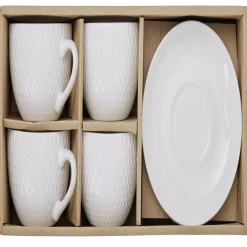 Tasse embossée avec sous-tasse faïence blanc x4