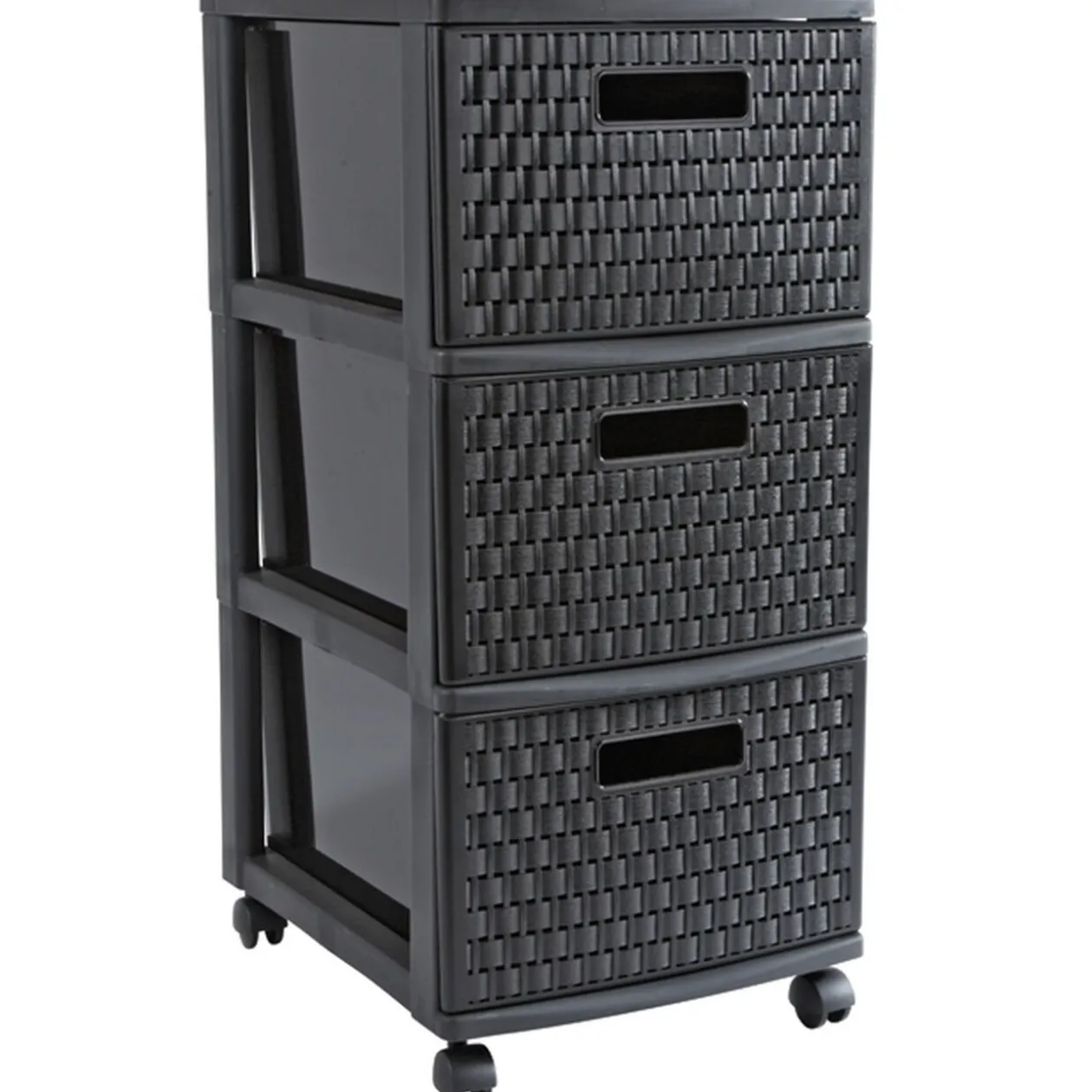 Tour de rangement à roulettes 3 tiroirs design rotin noir
