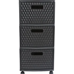 Tour de rangement à roulettes 3 tiroirs design rotin noir