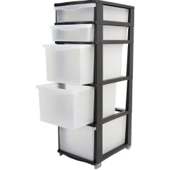Tour de rangement 5 tiroirs blanc transparent et noir