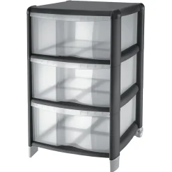 Tour de rangement 3 tiroirs noir transparent 20L
