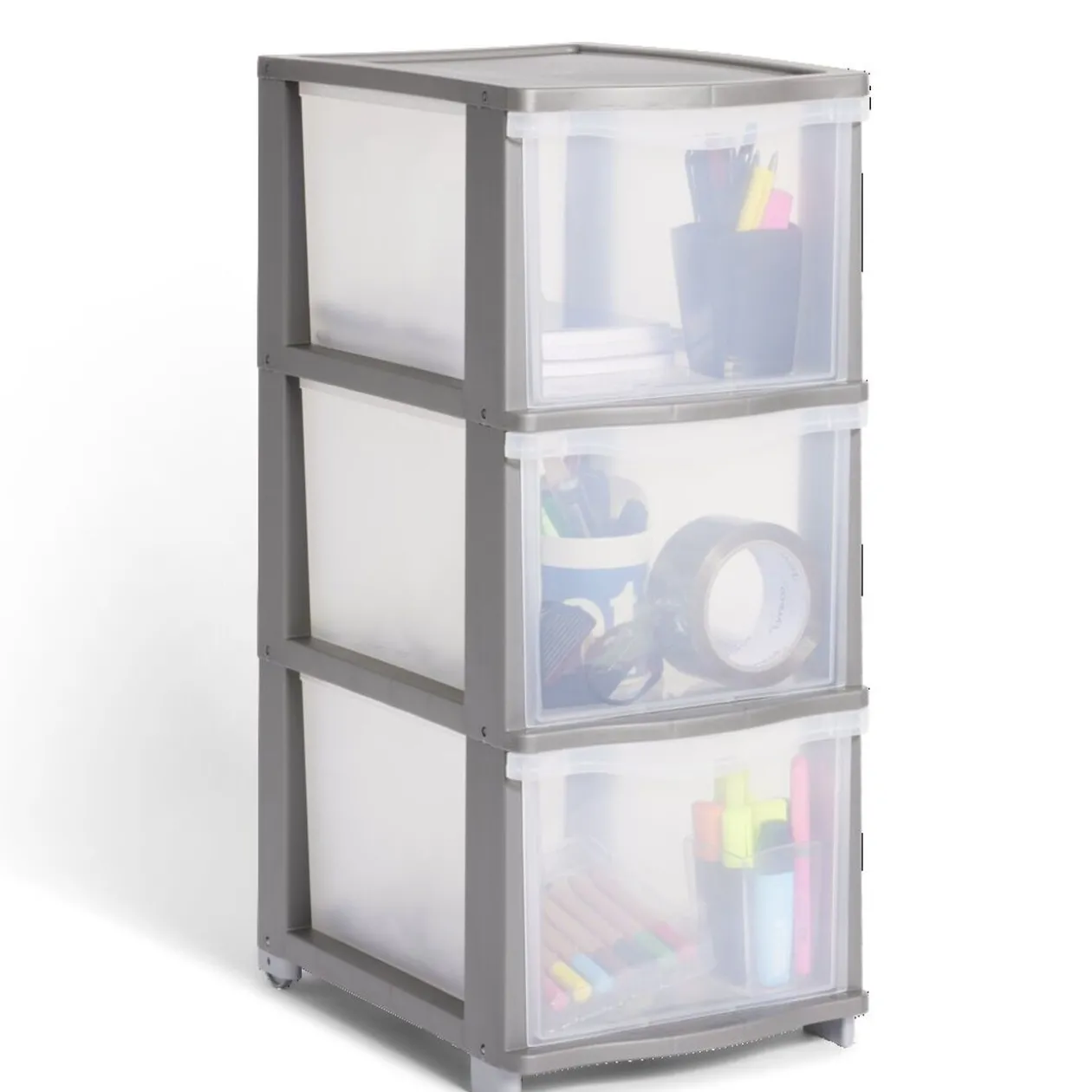 Tour de rangement 3 tiroirs plastique gris 37x27xH63cm