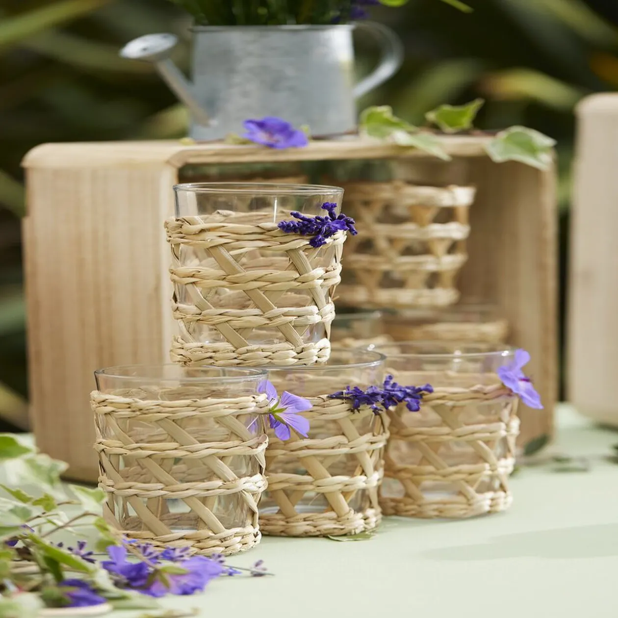 Verre haut transparent avec raphia Ø8xH12,5cm