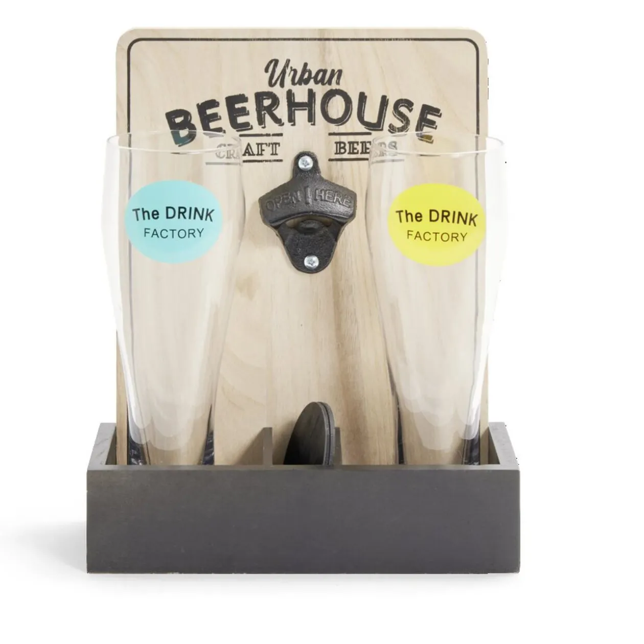 Verres à bière 50cl x2 avec support décapsuleur et 2 sous verres