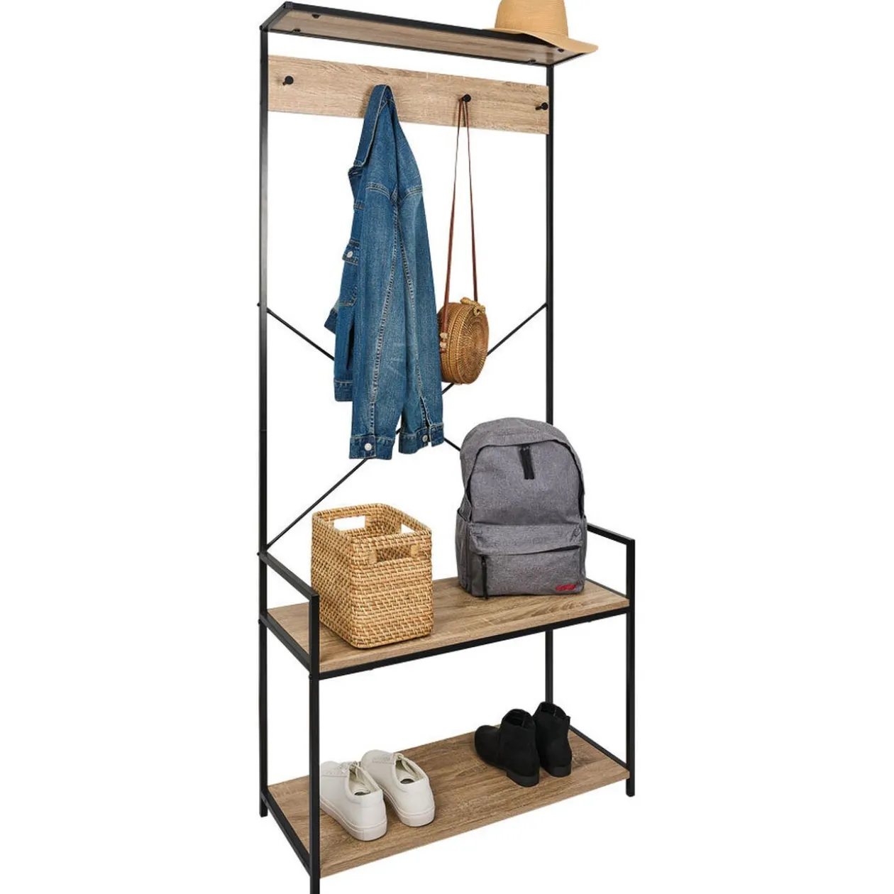 Vestiaire métal et bois 4 crochets 2 niveaux 1 étagère